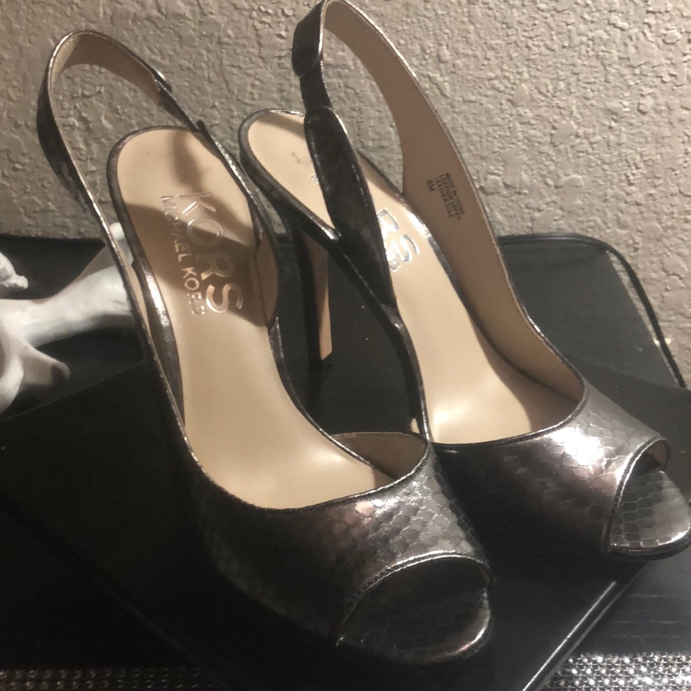 Michael Kors leather metallic silver peep heels